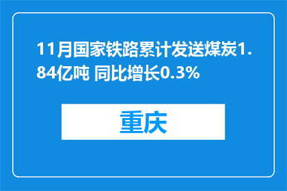 11月国家铁路累计发送煤炭1.84亿吨 同比增长0.3%